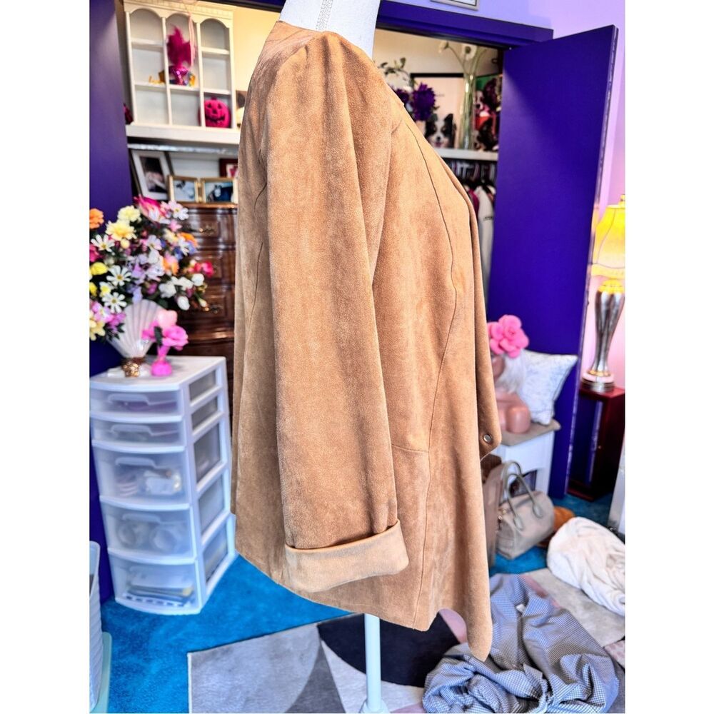 Chico's Tan Faux Suede Grommet Trim Open Drape Cardigan - Picture 3 of 7